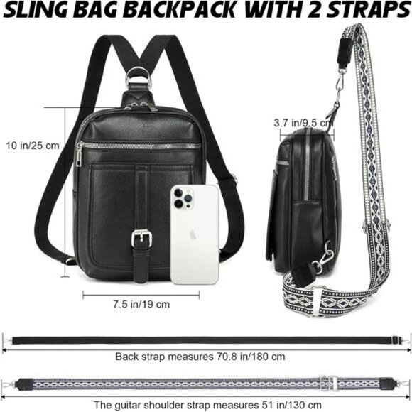 Leather Sling Crossbody Backpack Fanny Pack Purse Travel Bag with Straps - Picture 3 of 7